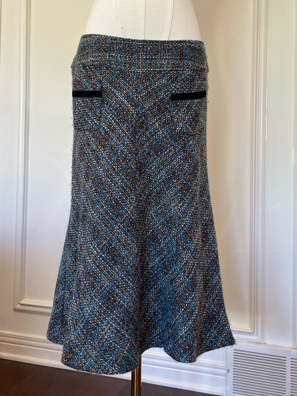 Tweed Trumpet Skirt Fishtail Office Siren Dark Academia Blue Fit Flare Lined